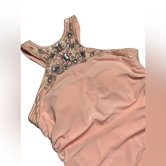 NWT CACHE pink Beaded Women's Ruched Racerback Sleeveless Maxi Evening Dress - Picture 4 of 10